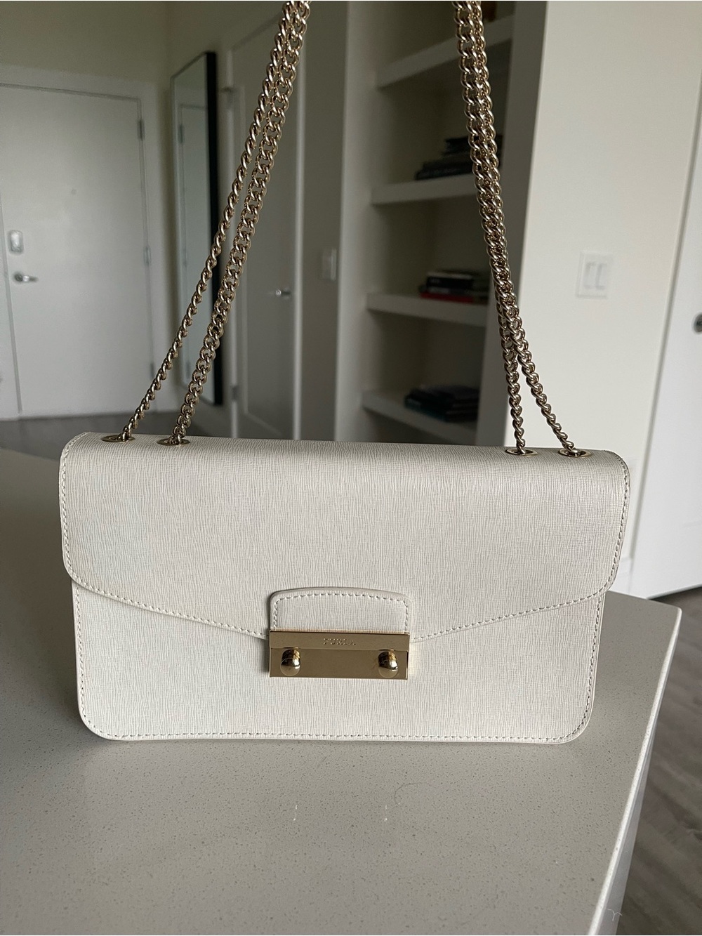 FURLA Petalo White Julia Saffiano Leather Shoulder Bag Chain Strap Gold Clasp